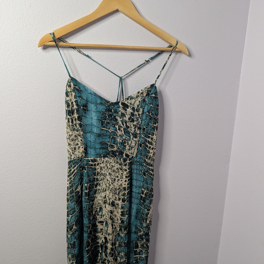 June & Hudson XS Reptile Print Strappy Jumpsuit – Wide Leg, Teal Snake Pattern